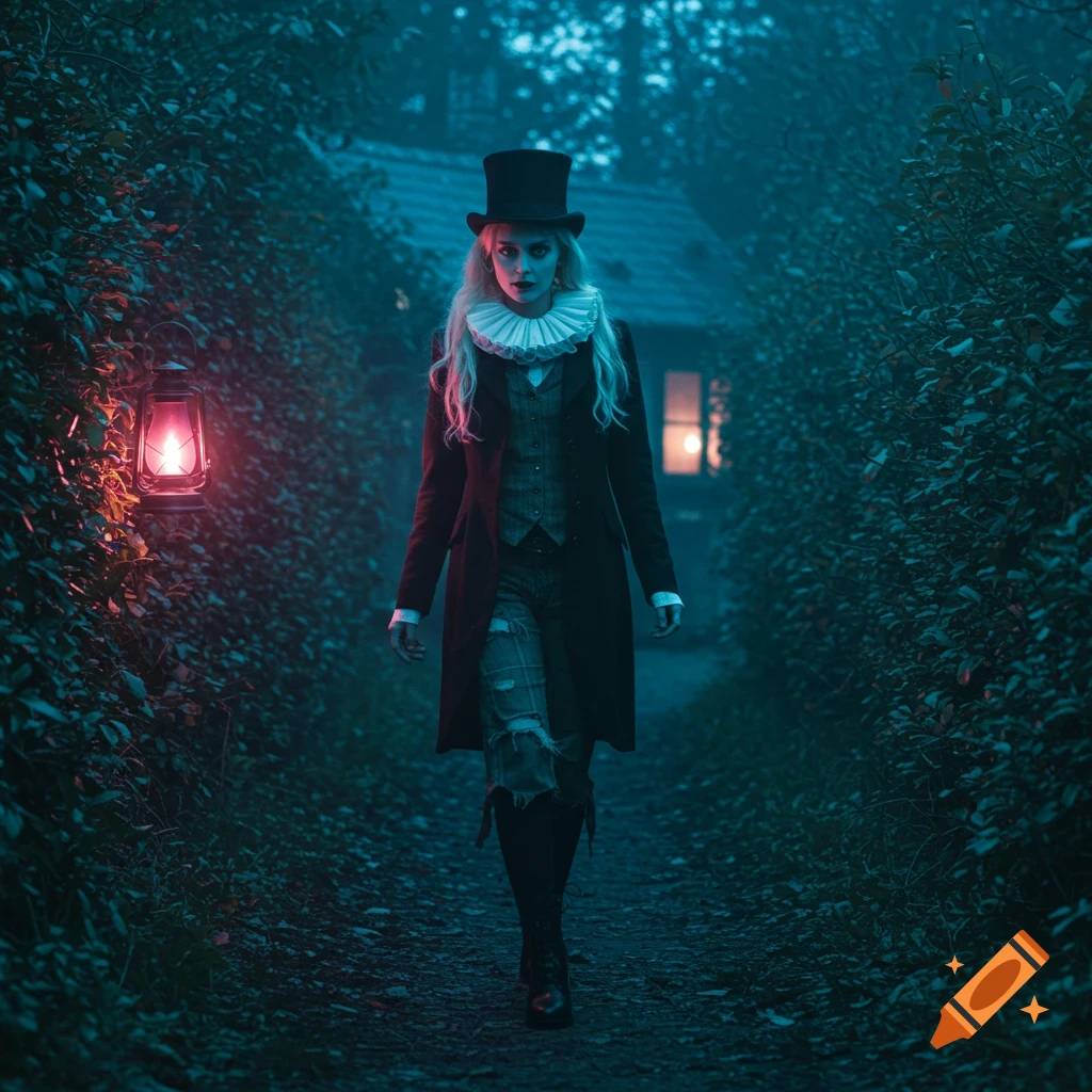 Blonde woman in a top hat, ruffled collar, and ragged suit walks down a dark, eerie path with a red lantern.