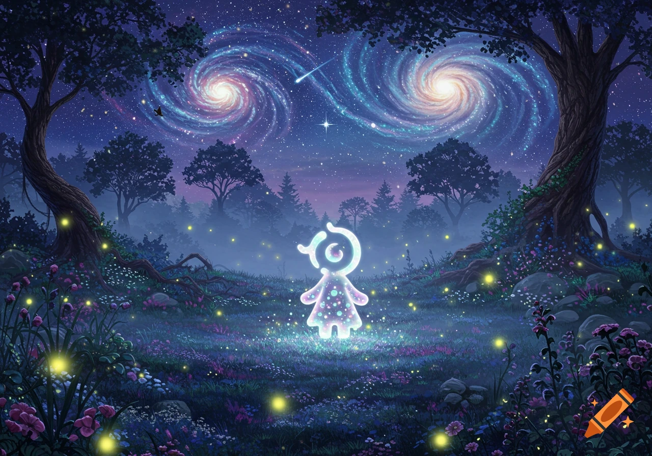 A glowing mystical figure stands in a magical forest at night, with fireflies and swirling galaxies in the sky.
