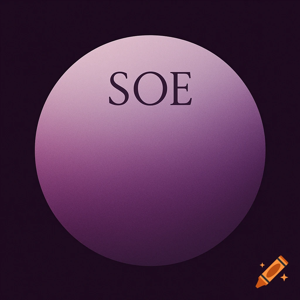 A purple gradient circle with the letters SOE inside, set against a dark purple background.