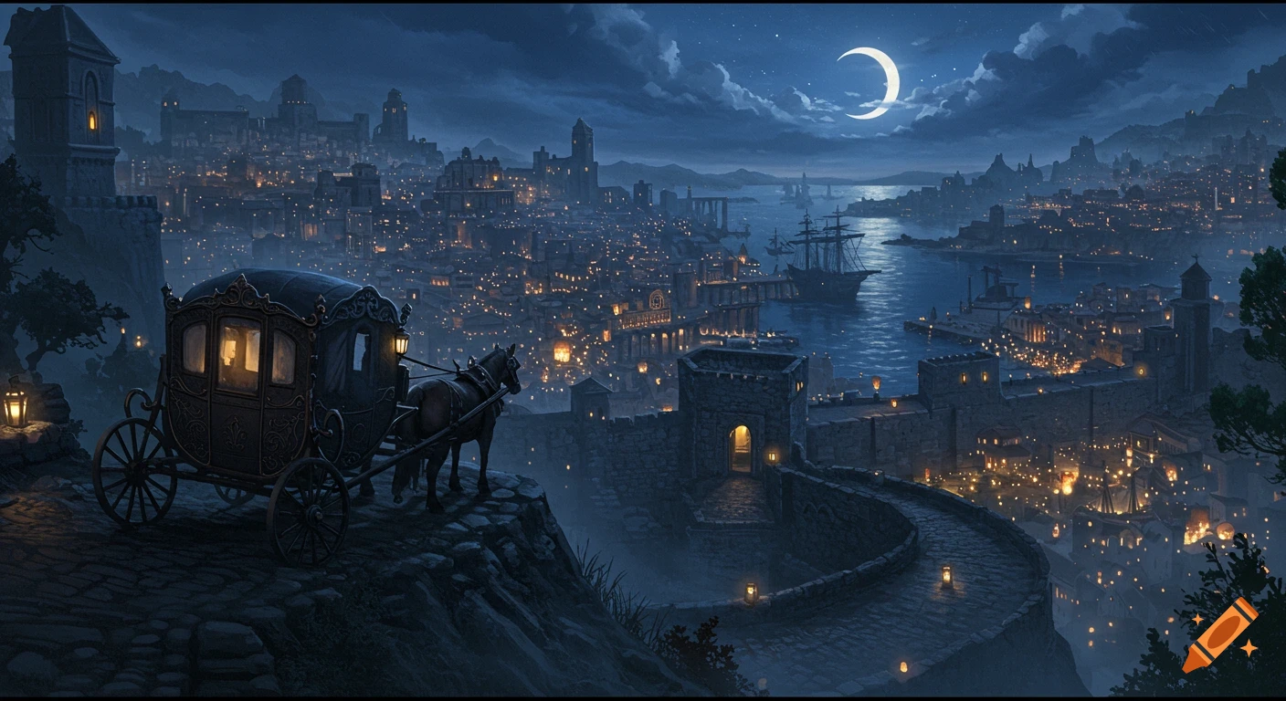 A horse-drawn carriage on a hill overlooking a fantasy port city glowing with lanterns at night under a crescent moon.