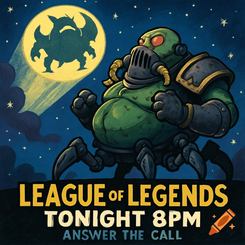 A cartoonish, green, gas-masked creature with a bulky body looks up at a glowing, bat-like silhouette on a yellow moon. Text reads: "League of Legends - Tonight 8PM - Answer the Call."