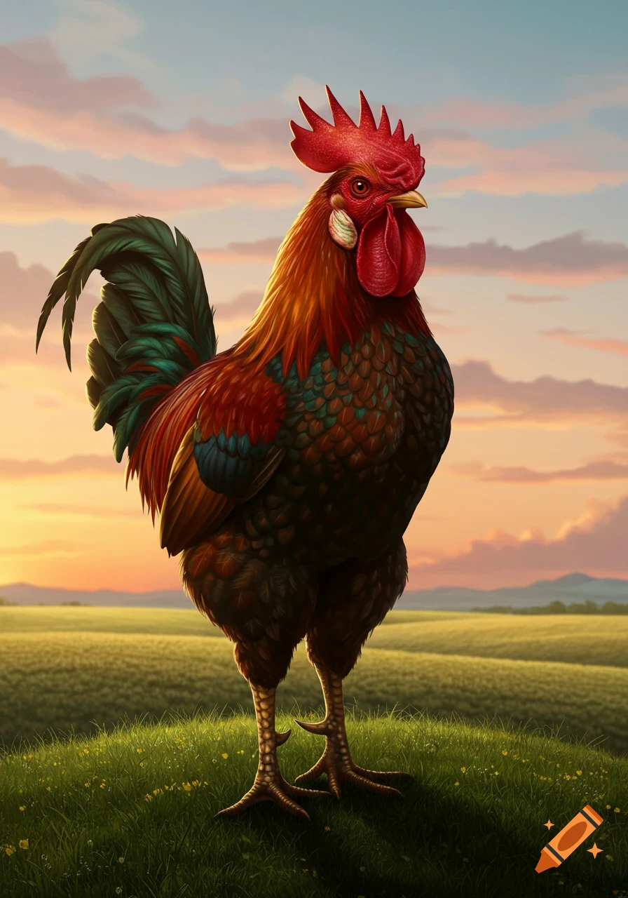 A colorful rooster with red comb and wattle stands proudly in a green field at sunrise.