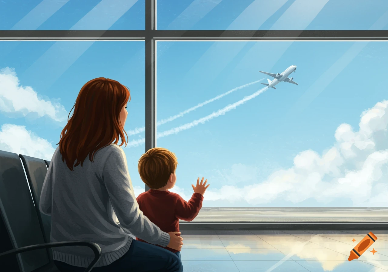 An illustration of a mother and child watching a plane take off from an airport window.