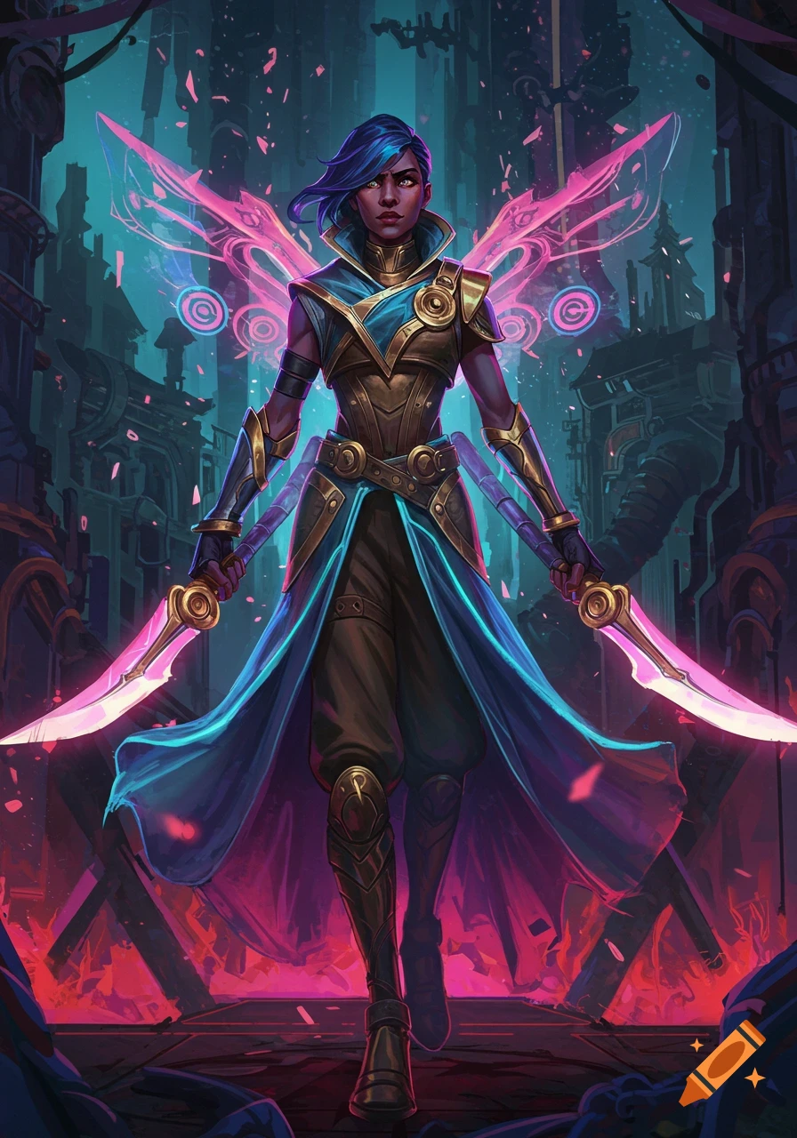 A female fantasy character with blue hair and glowing wings, holding two radiant pink swords, stands in a dark, futuristic city.