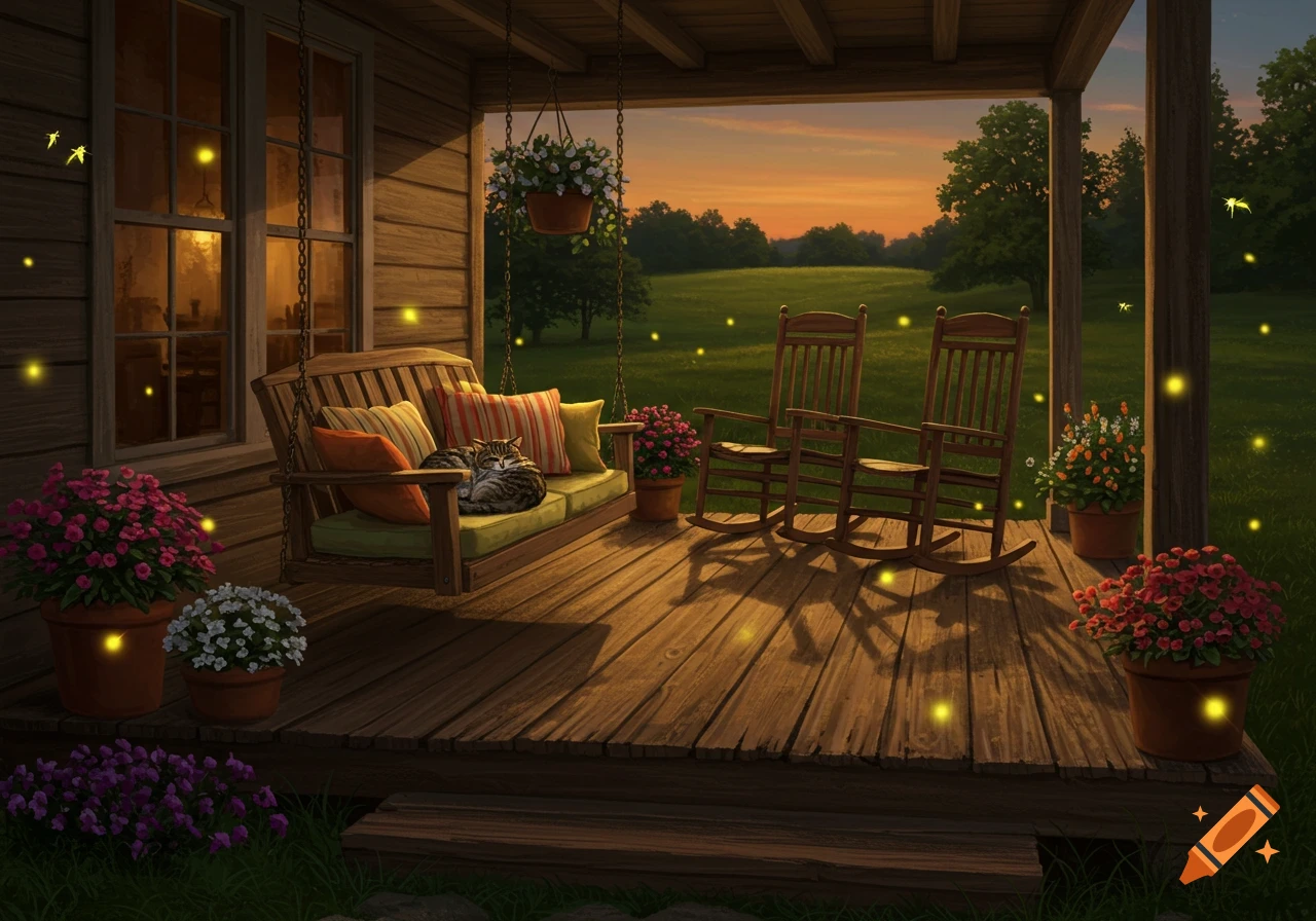 A cozy country porch at dusk with a tabby cat sleeping on a swing, potted flowers, rocking chairs, and fireflies glowing in the green field.