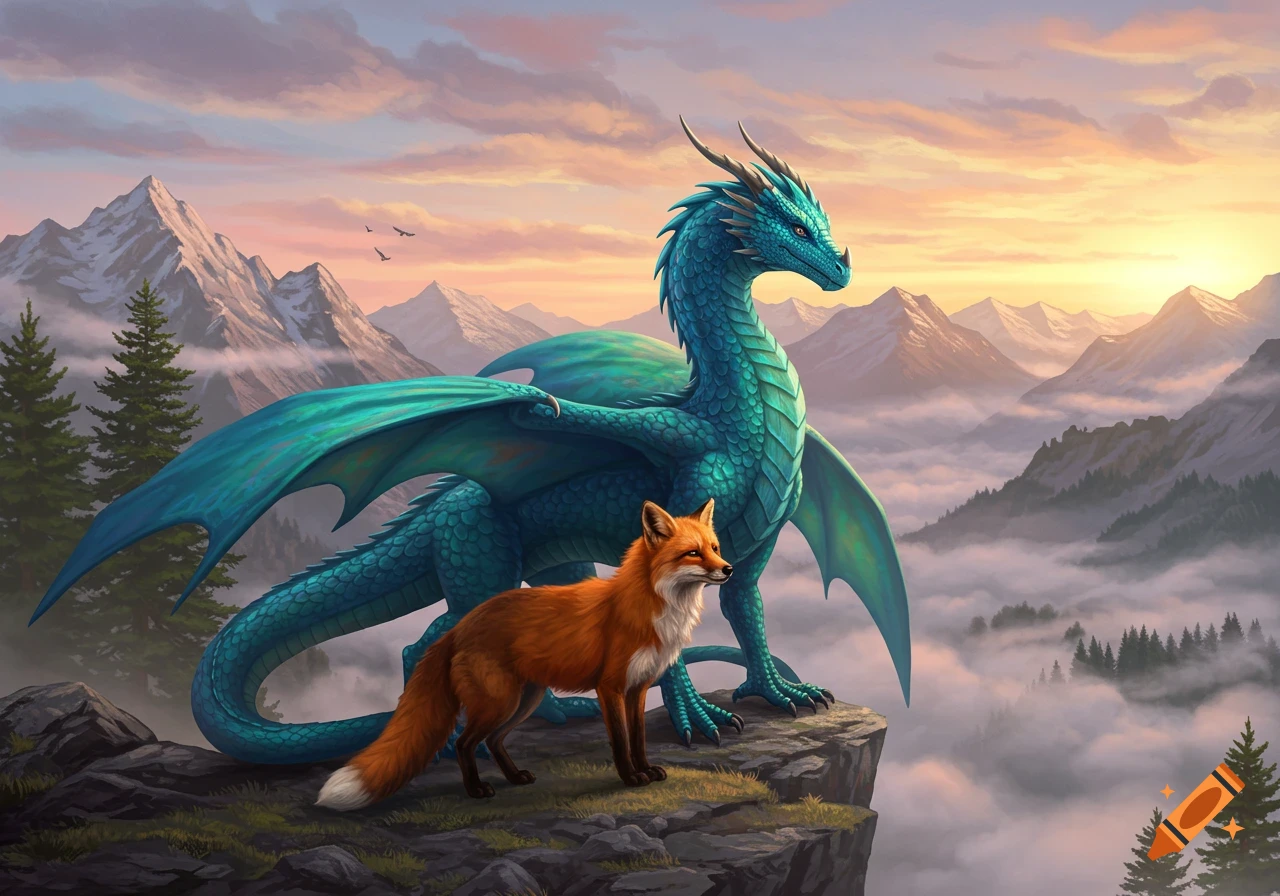 A majestic teal dragon and a red fox stand on a cliff overlooking misty mountains at sunset in a detailed fantasy illustration.