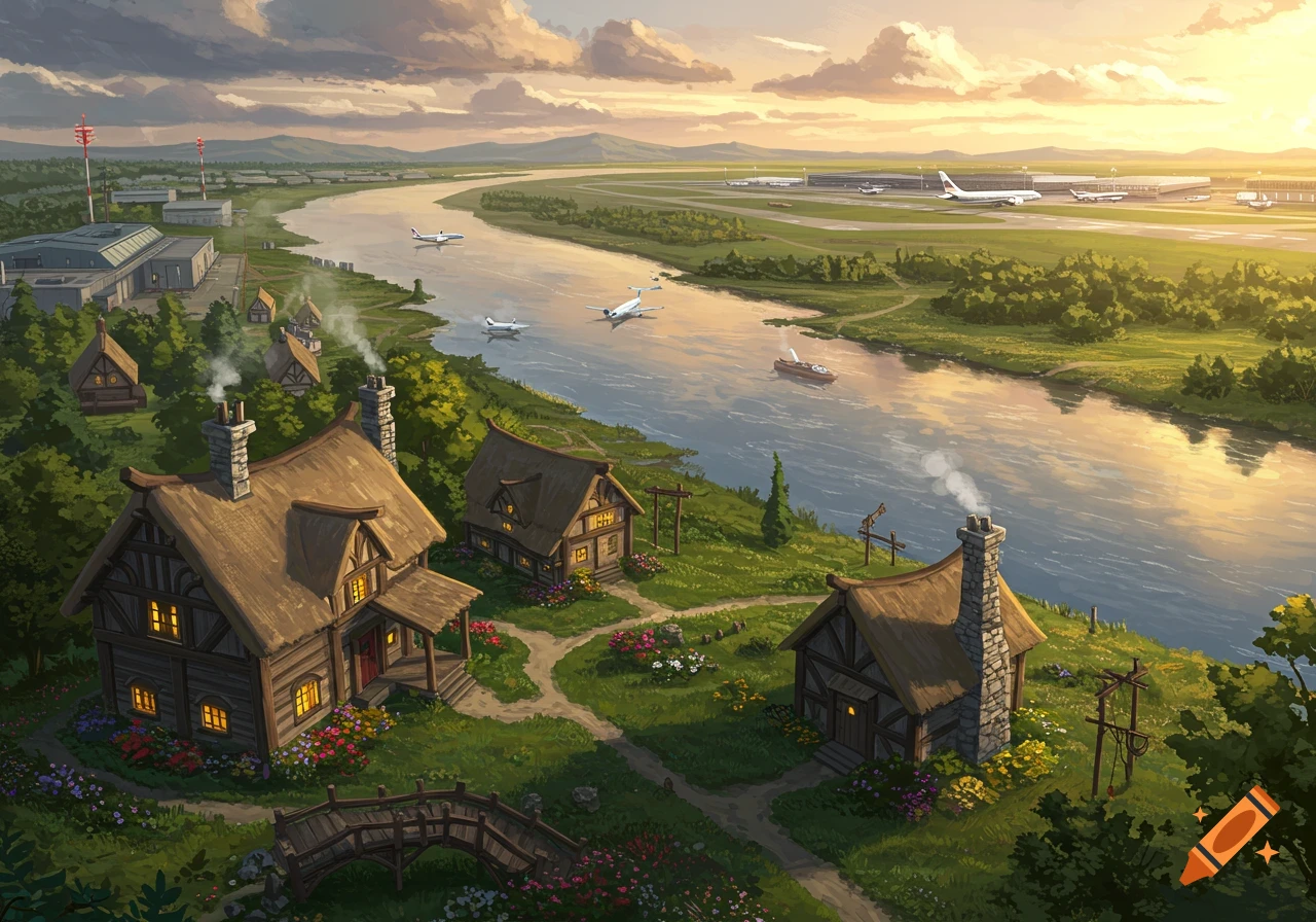 An illustrated aerial view of a river separating a quaint village from a busy airport at sunset with planes on river and runway.
