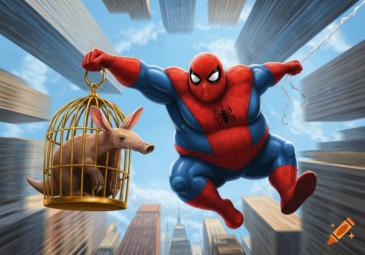 A cartoonishly fat Spiderman swings through a cityscape, holding a golden birdcage with an aardvark inside.