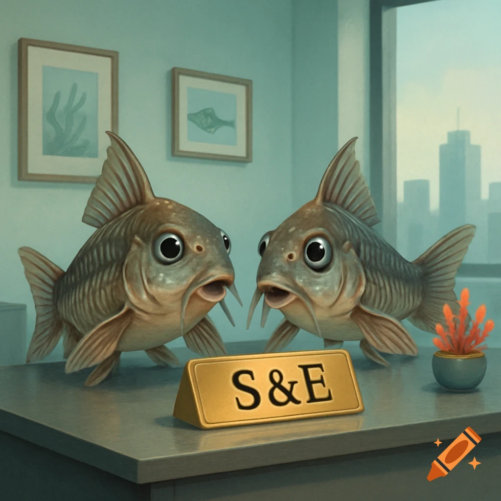 Two stylized corydoras catfish sit at an office desk behind a nameplate reading "S&E". City buildings visible through the window.