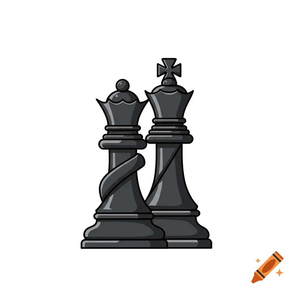 A black queen and king chess piece illustration on a white background.