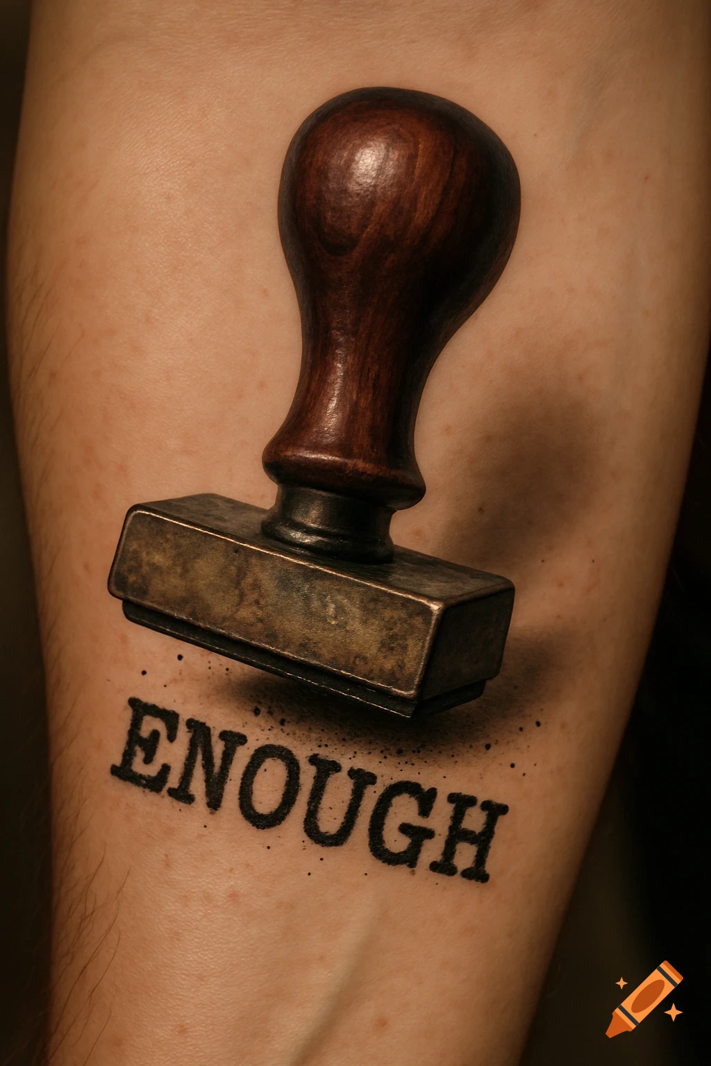 Close-up of a vintage wooden stamper pressed against skin, with the word 'ENOUGH' stamped in black ink.