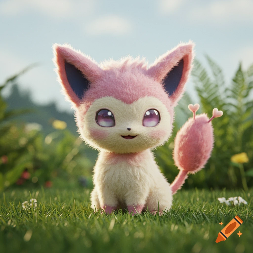 A fluffy pink and white creature with large purple eyes, resembling a Sylveon, sits in a green grassy field.