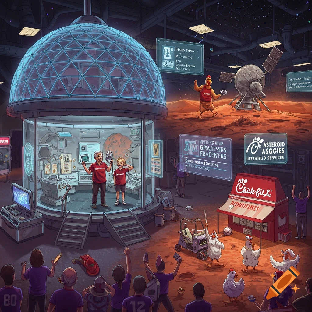 A futuristic cartoon scene on Mars with a large glass dome, people, and Chick-fil-A chickens dancing outside a small red restaurant booth. Floating screens display garbled text, and a person in a chicken suit stands near a satellite.