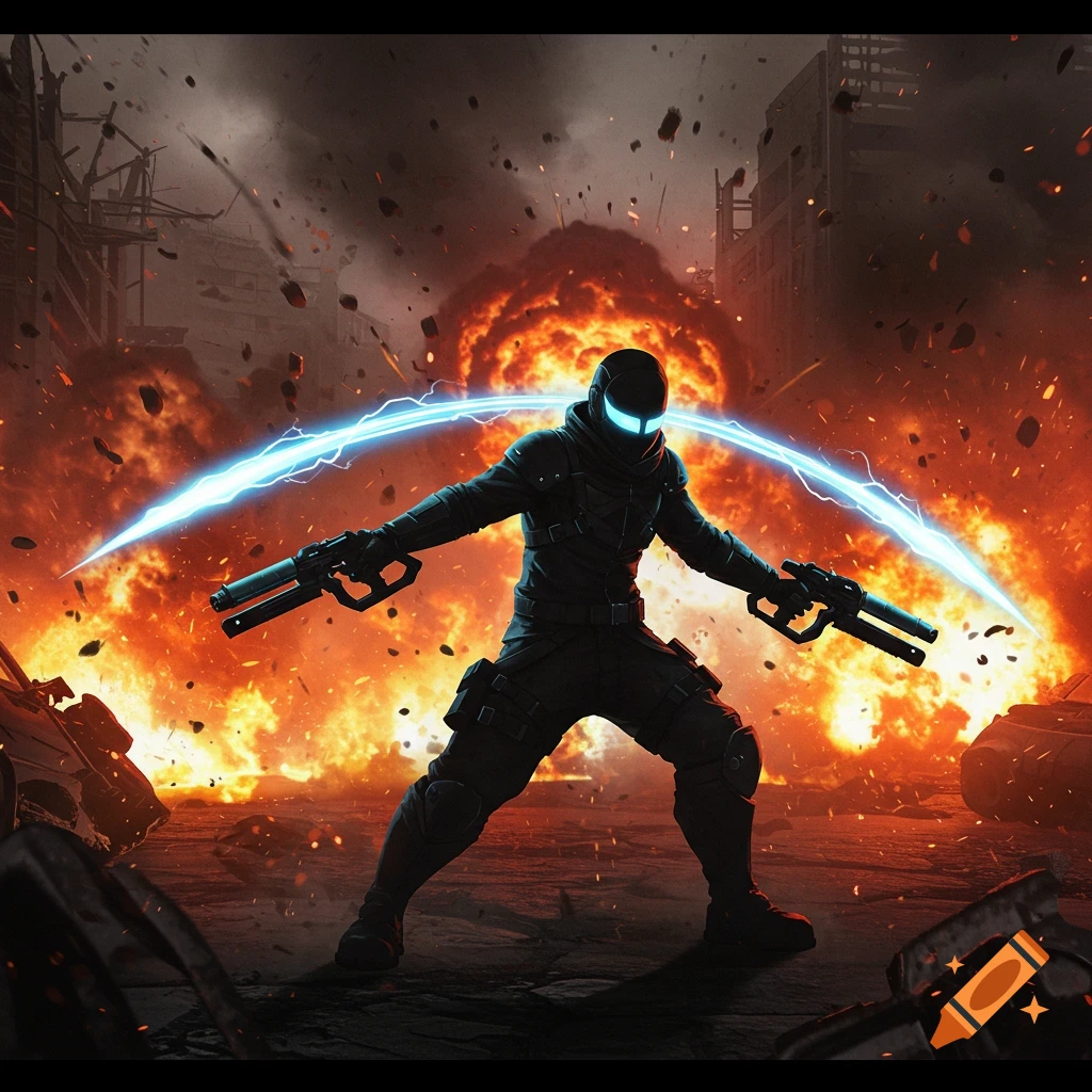A dark figure in a combat suit with glowing blue eyes and weapons stands in front of a massive explosion in a war-torn city.