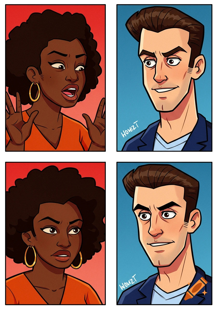 A four-panel comic strip depicting a black woman with an afro and a man in a jacket. The woman is initially surprised, then angry, while the man remains smiling.