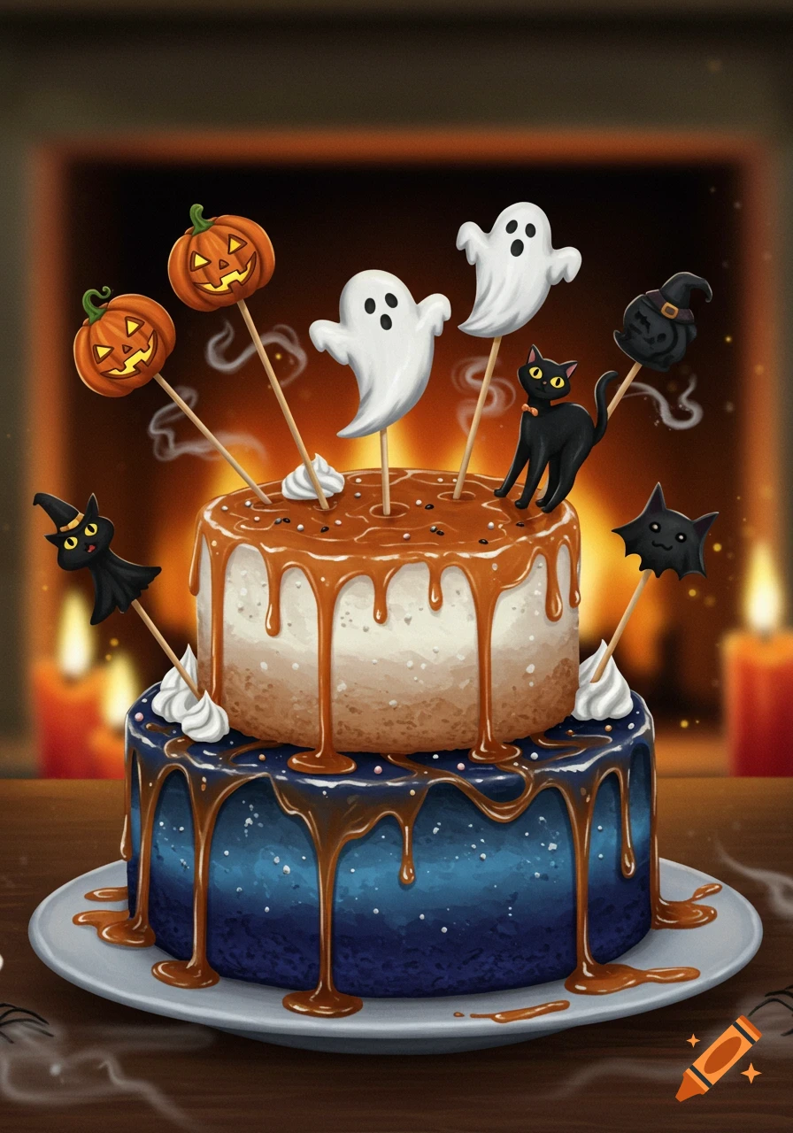 Illustrated Halloween cake with caramel drip, blue and white frosting, and festive toppers including pumpkins, ghosts, black cats, and a bat.