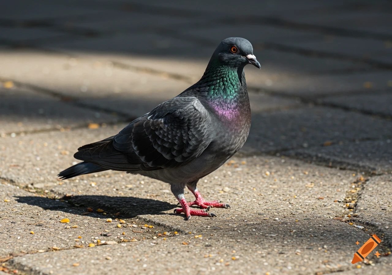 A photorealistic image of a rock pigeon with iridescent neck feathers standing on a concrete sidewalk with scattered seeds.