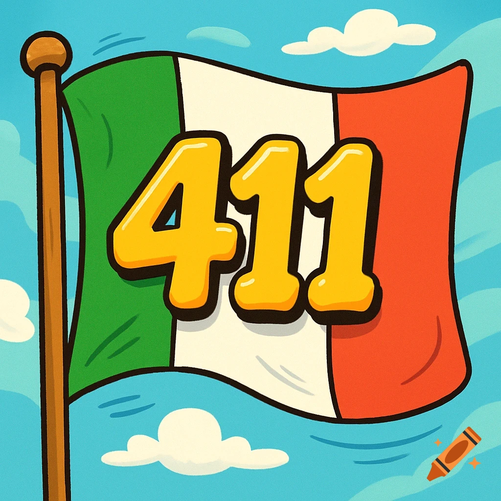 A cartoon Italian flag with the number 411 in bold yellow text, set against a blue sky with fluffy white clouds.
