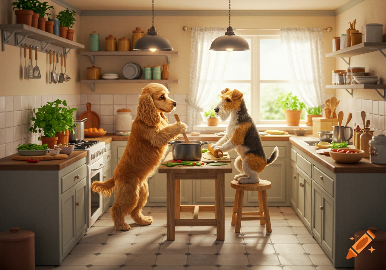 A photorealistic cocker spaniel stirs a pot while a wire fox terrier rolls dough on a stool in a cozy kitchen.