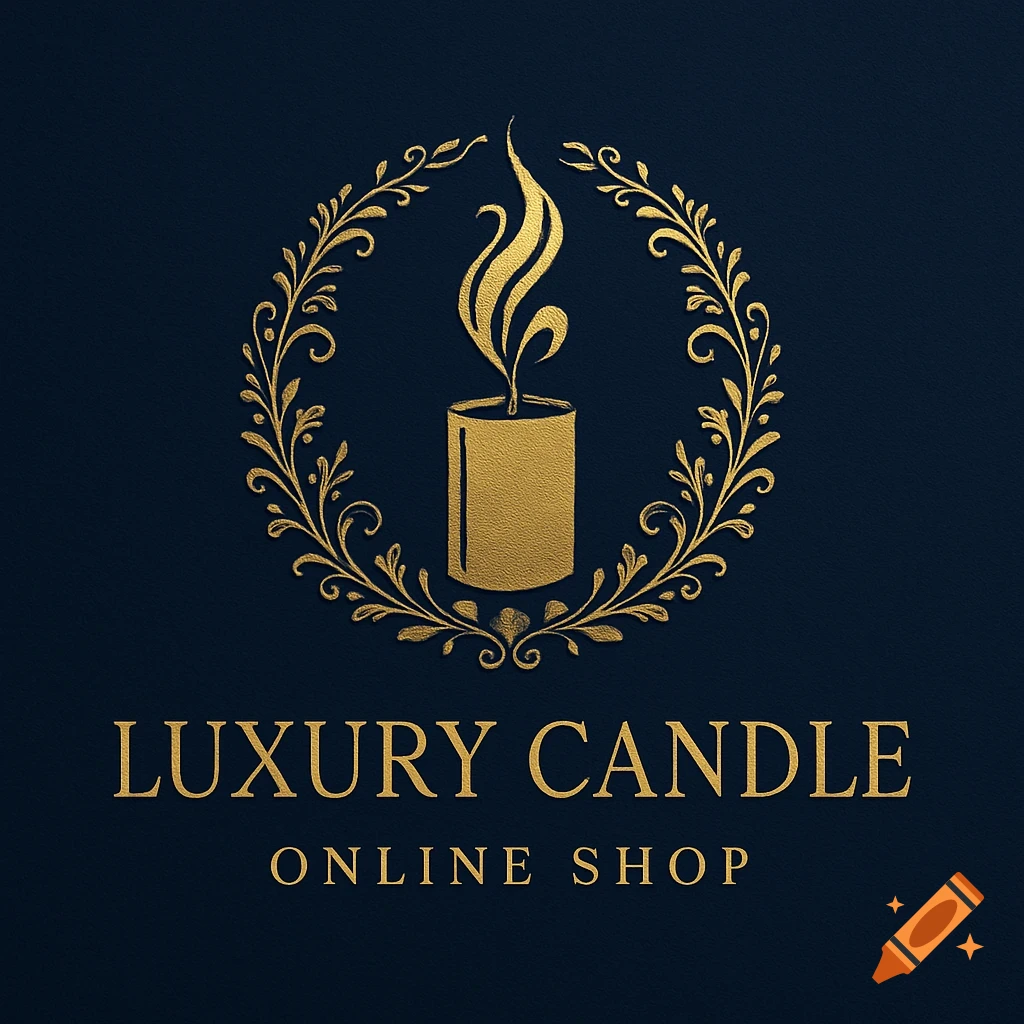 A luxurious gold candle logo with a stylized flame and floral wreath on a dark blue textured background, with text "LUXURY CANDLE ONLINE SHOP".