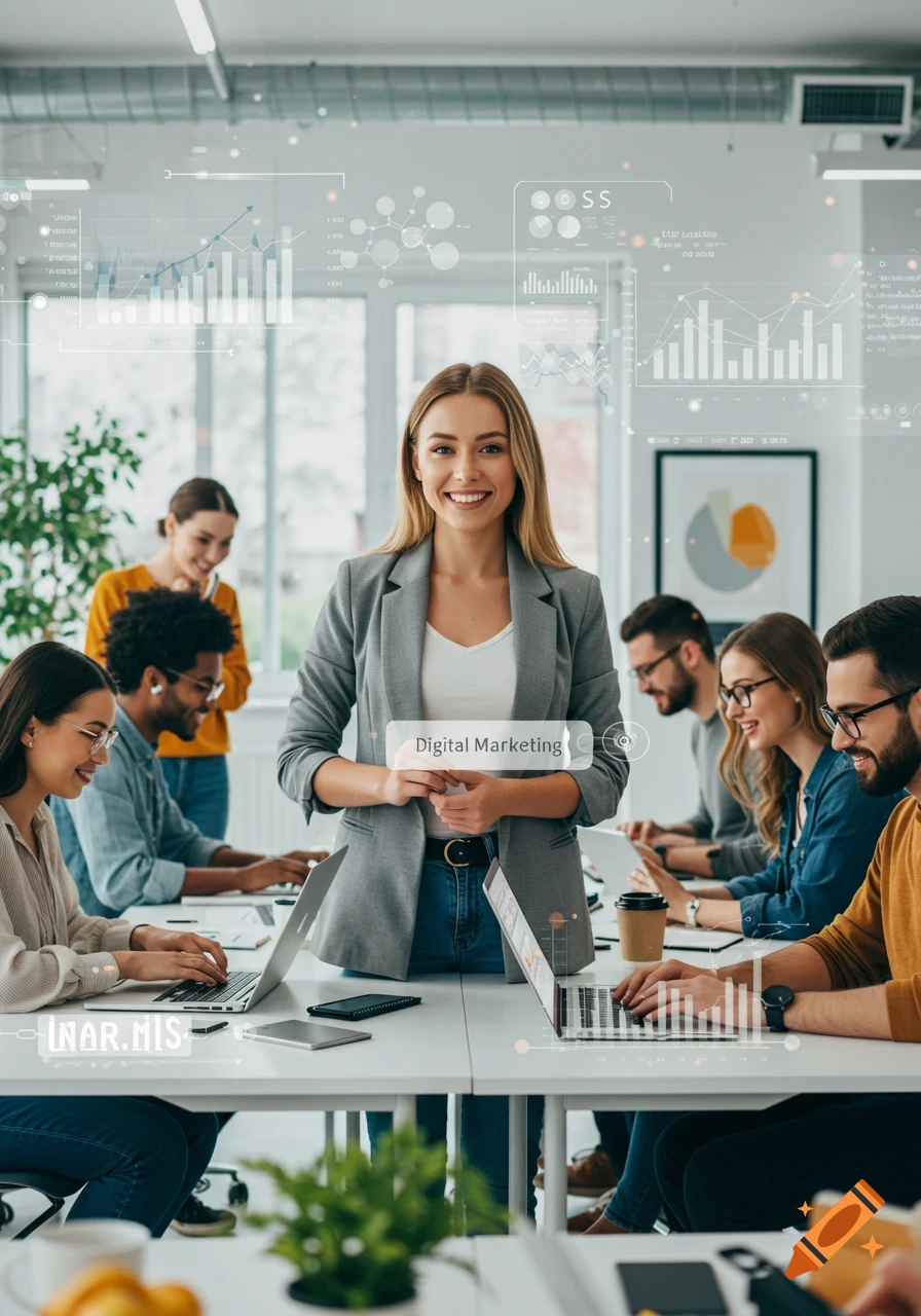 A smiling woman in a gray blazer stands in an office holding a 'Digital Marketing' graphic, surrounded by a diverse team working on laptops.