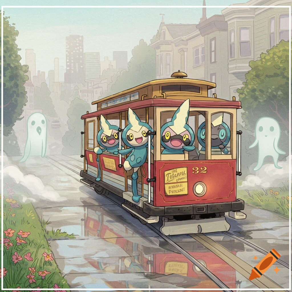 A cartoon illustration of several blue and yellow Pok 00e9mon Falinks riding a red San Francisco-style cable car down a city street, with two ghost figures in the background.