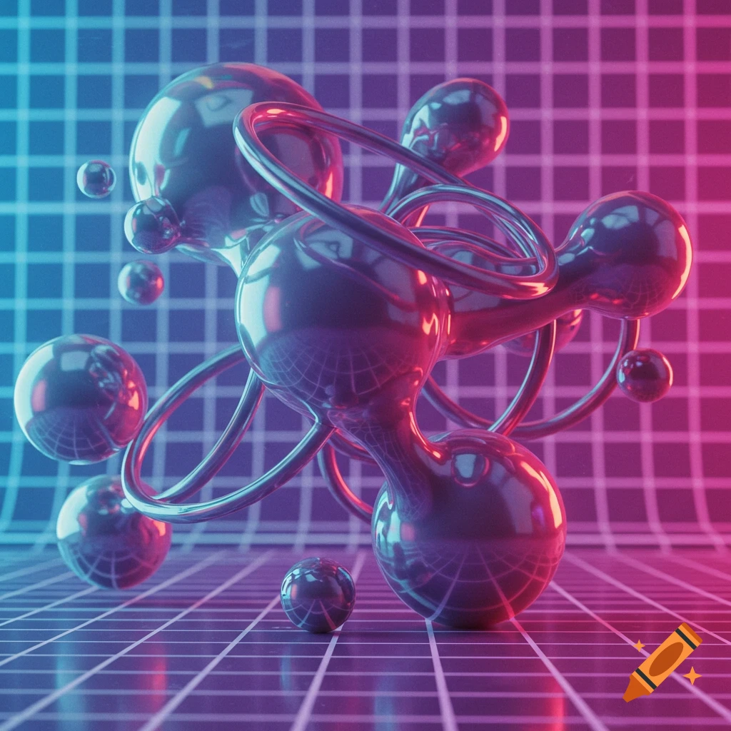 Shiny metallic spheres and rings floating over a grid, illuminated by blue and pink neon light in a Y2K aesthetic.