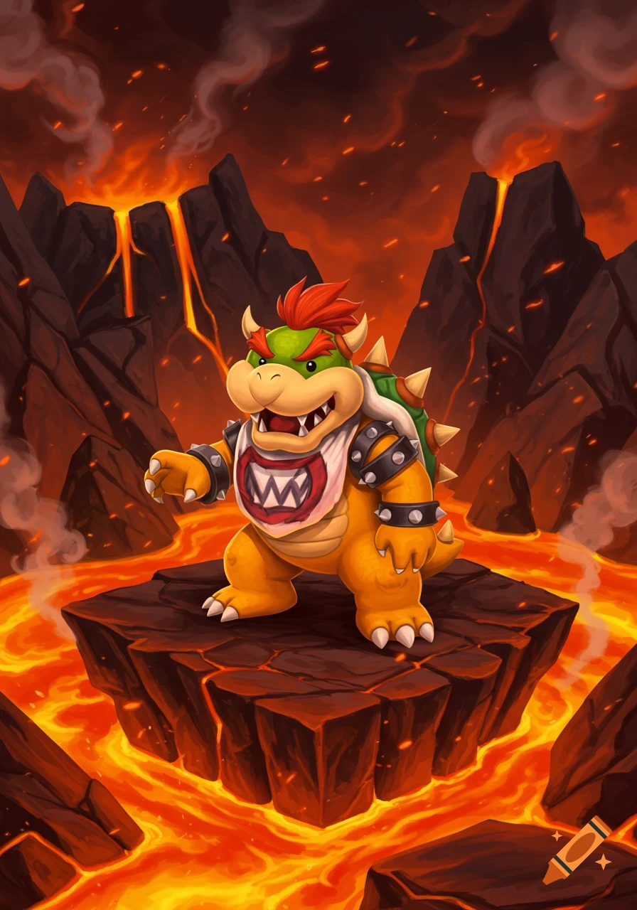 Bowser Jr. stands on a rock in a fiery, lava-filled volcanic landscape. The image is a vibrant digital illustration.