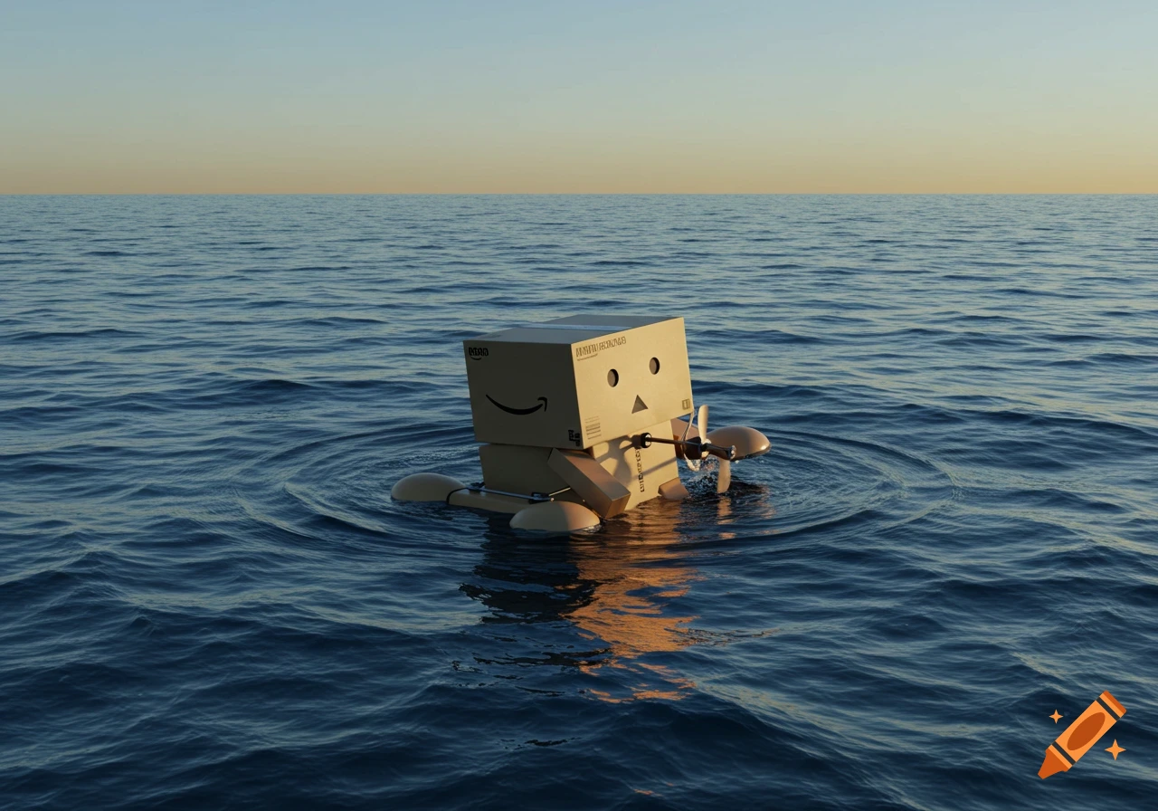 A smiling cardboard box character with a propeller floats in the calm blue ocean under a clear sky.