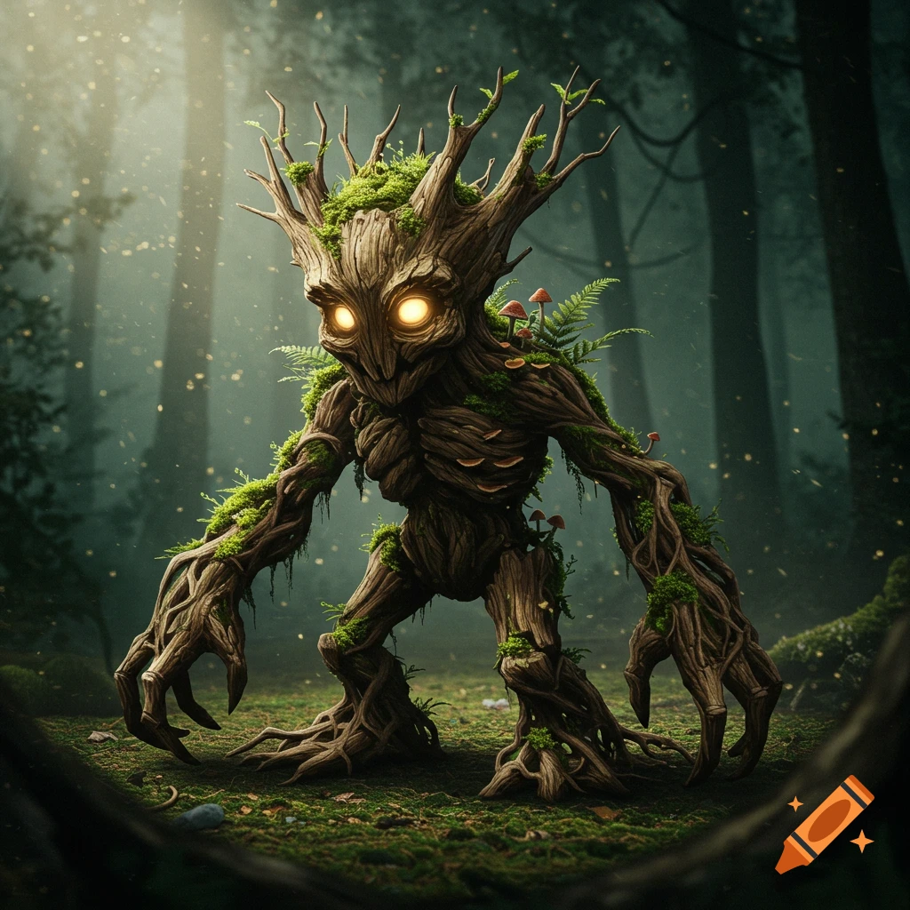 A root monster with glowing eyes, covered in moss and small mushrooms, stands in a dark, misty forest.