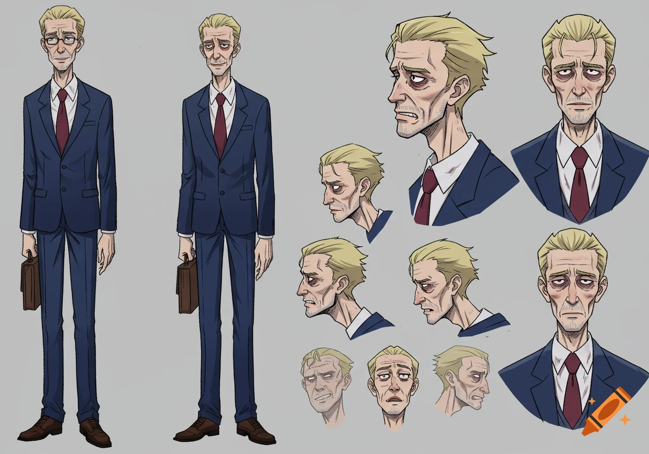 Anime character reference sheet for a gaunt, blonde businessman in a blue suit, showing full body and various facial expressions.