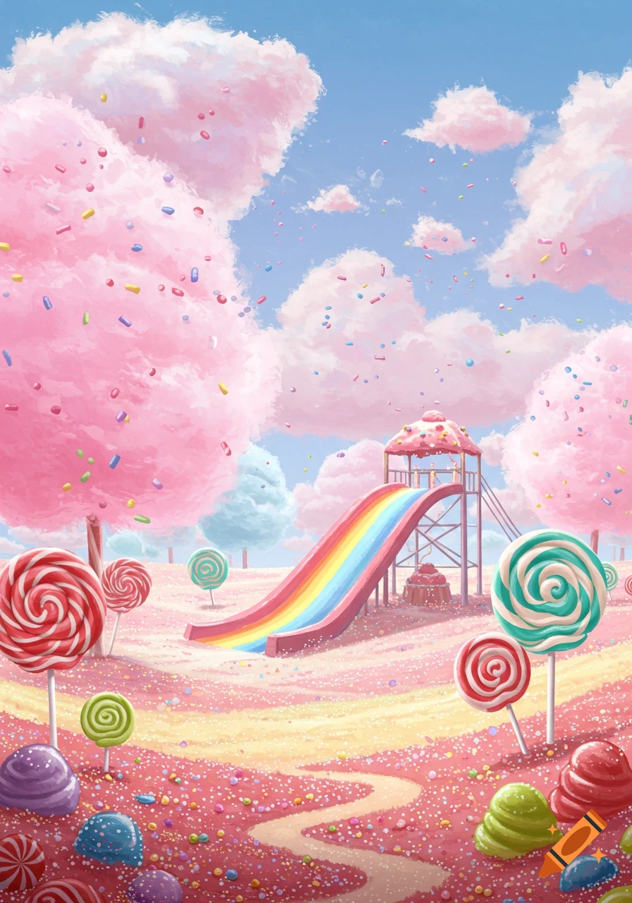 A whimsical candy wonderland scene with pink cotton candy clouds, a rainbow slide, and giant lollipops under a blue sky.
