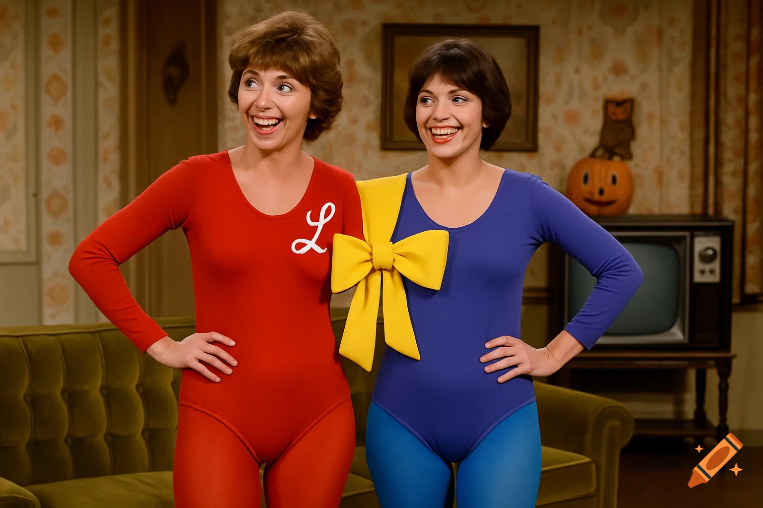 Laverne and Shirley in red and blue leotards, connected by a large yellow bow, smile in a vintage living room with a Halloween pumpkin.