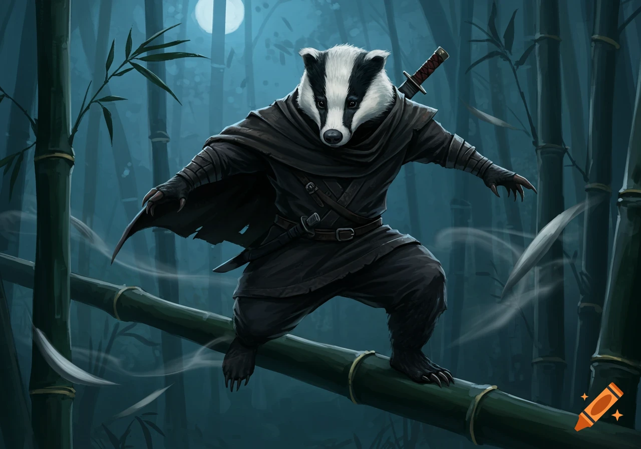 A badger dressed in black ninja garb, with a sword on its back, balances on a large bamboo stalk in a moonlit forest.