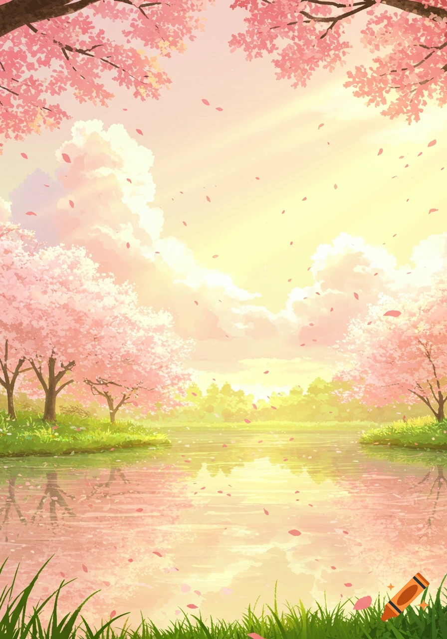 Anime style landscape with pink cherry blossom trees, falling petals, a calm lake reflecting the sky, and lush green grass.