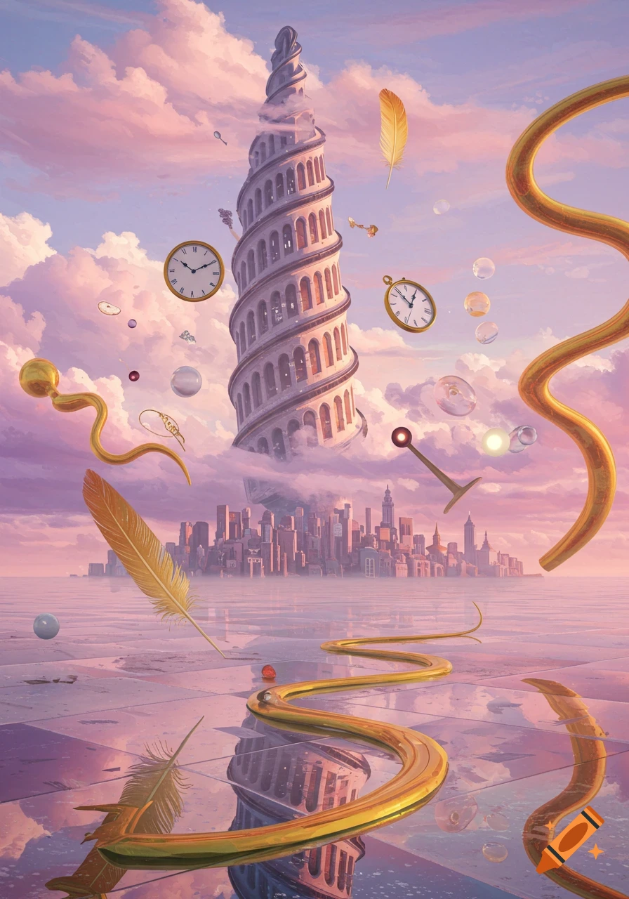 A surreal landscape with a spiraling tower, a city skyline