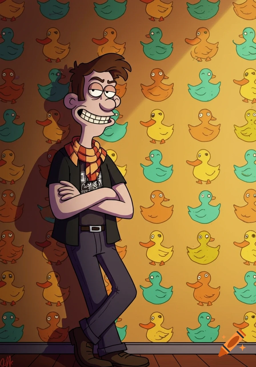 Cartoon of Wallace Wells leaning against a yellow wall with teal, orange, and yellow duck patterns.