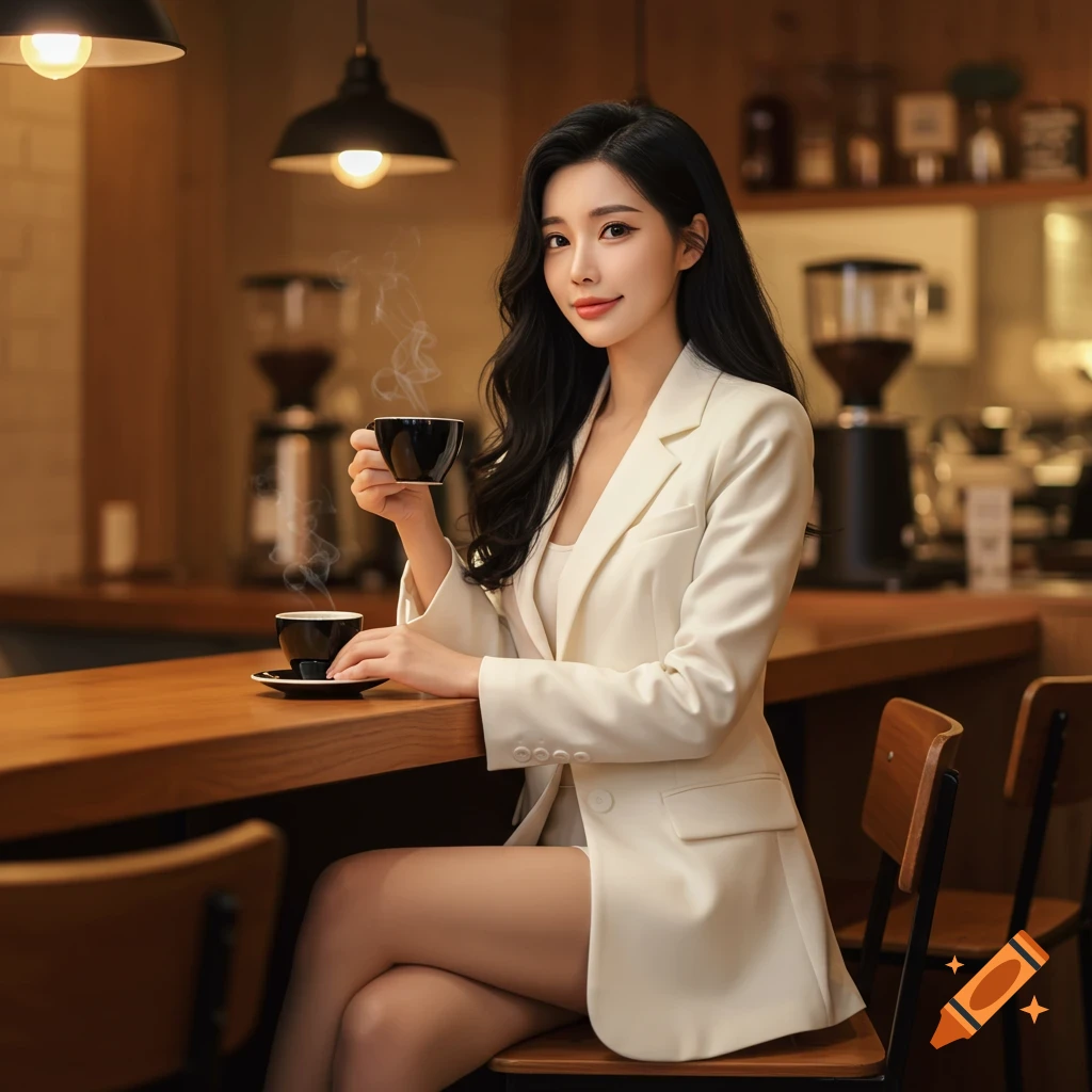 A smiling woman in a white blazer sits at a coffee shop counter, holding a steaming cup of coffee.