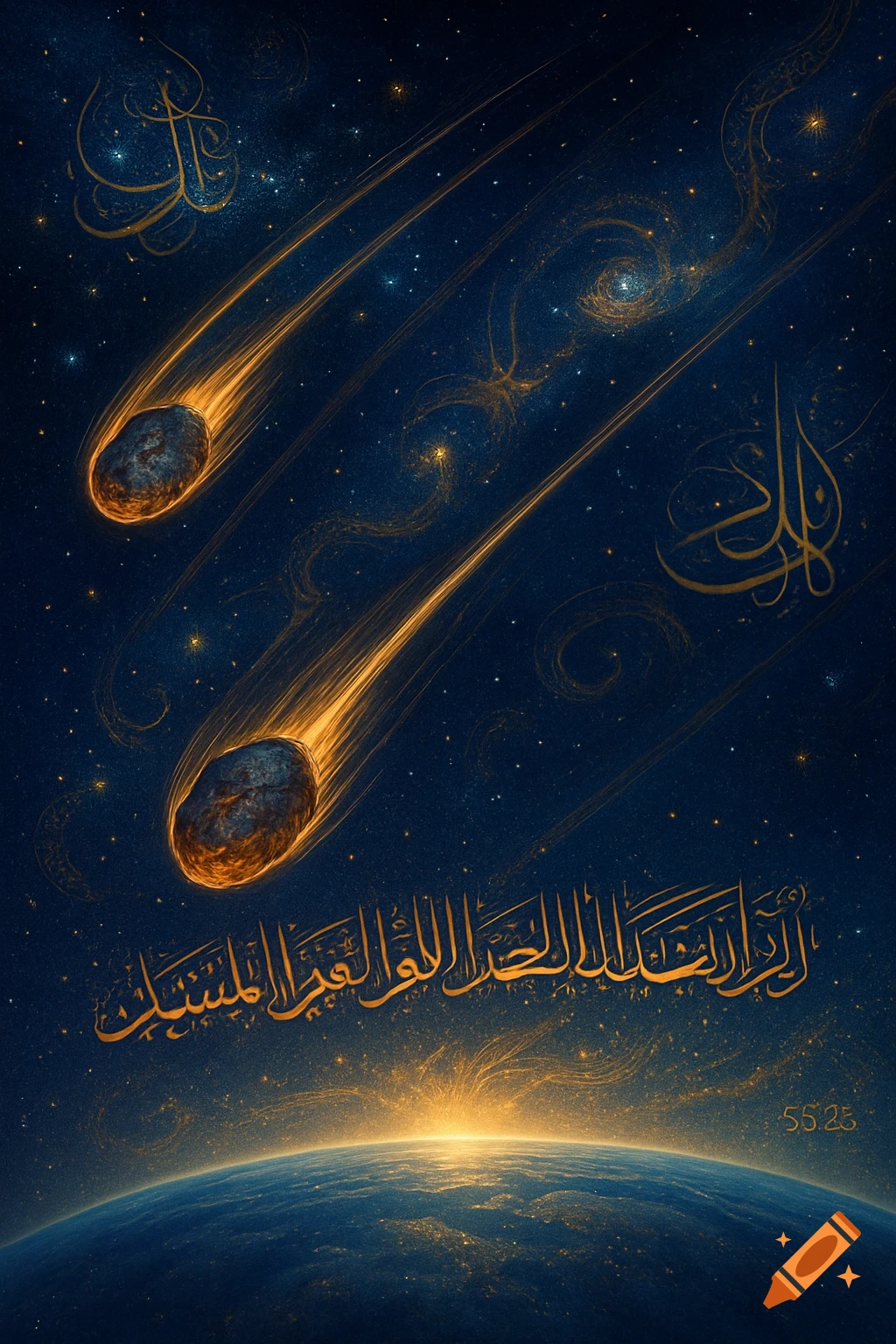 Cosmic painting with two glowing meteors streaking across a starry sky above Earth, featuring golden Arabic calligraphy.