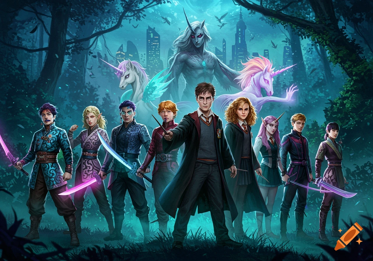 Harry, Ron, Hermione, and diverse warriors with glowing swords stand before mystical unicorns, a demon, and a city in a magical forest.