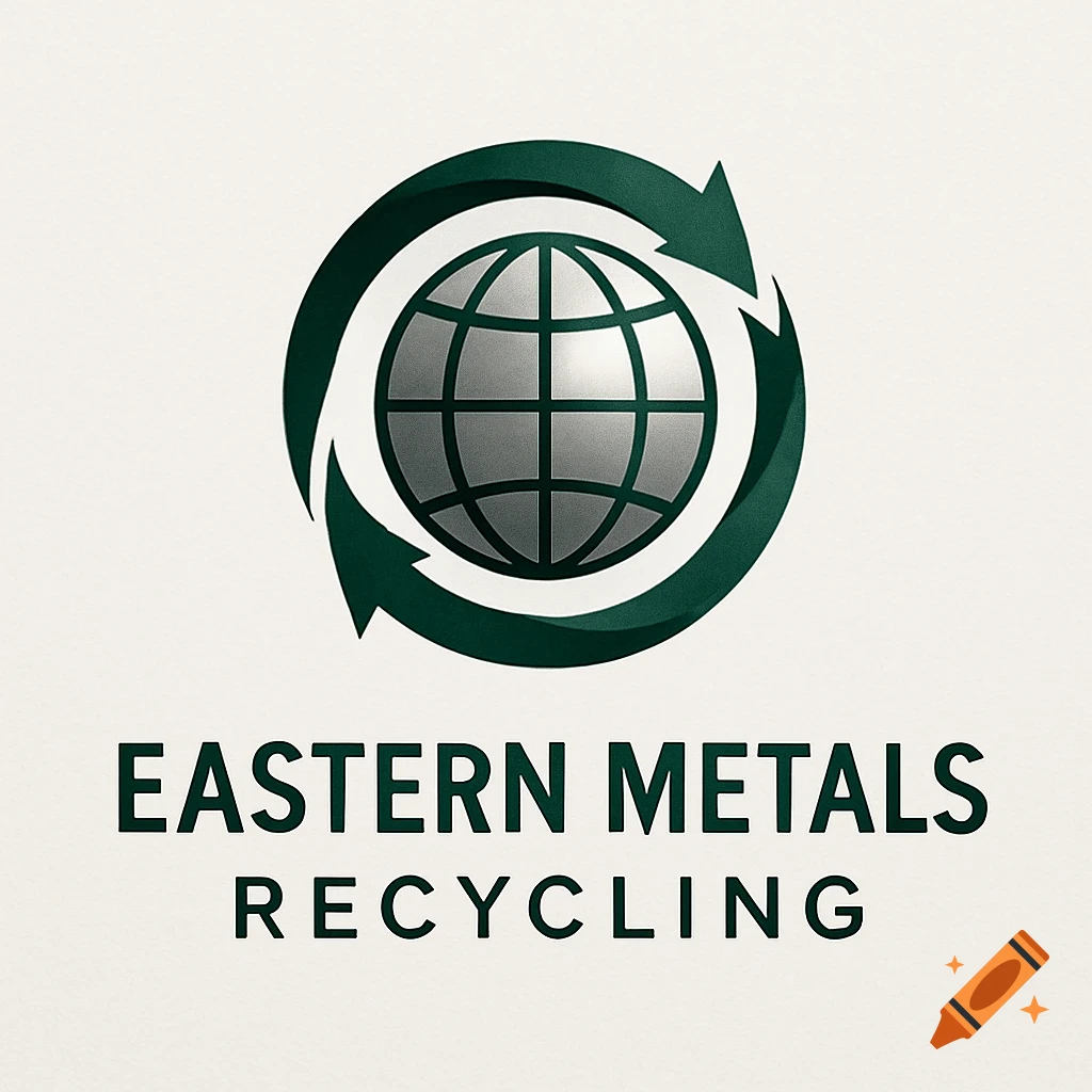 Logo for Eastern Metals Recycling with a grey globe and green recycling arrows.
