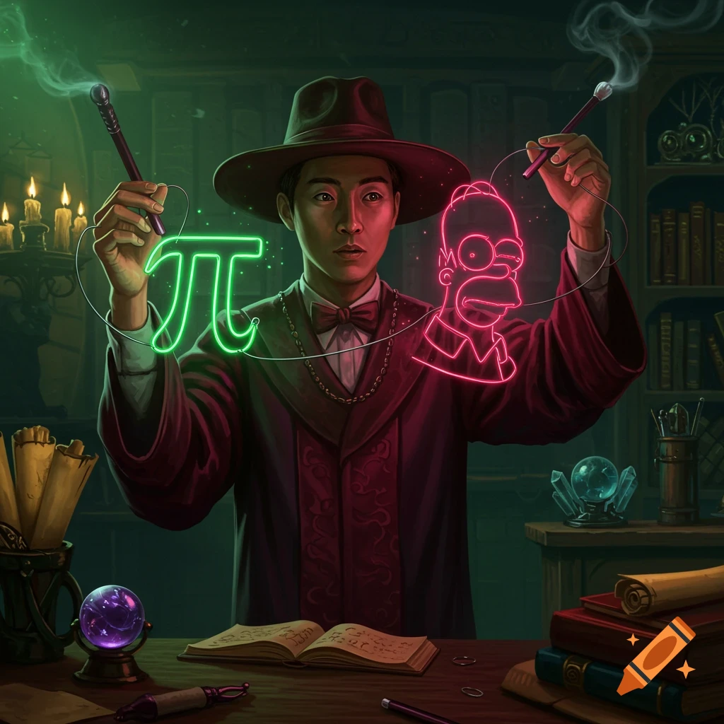 An Asian male magician wearing a hat and robes holds up glowing neon wire art of a green pi symbol and a pink Homer Simpson in a dimly lit library.