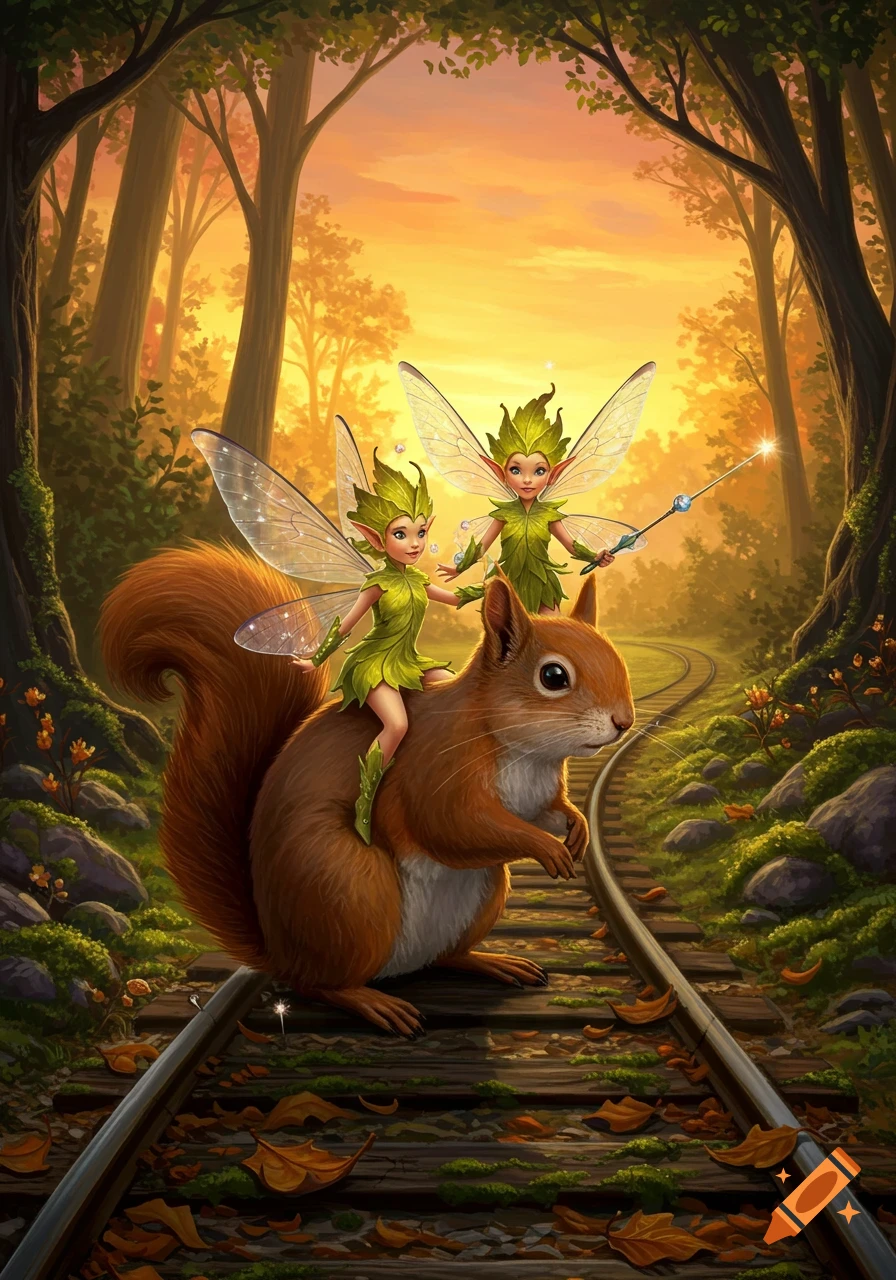 Two fairies in leaf clothes ride a large squirrel along a train track through a vibrant fantasy forest at sunset.