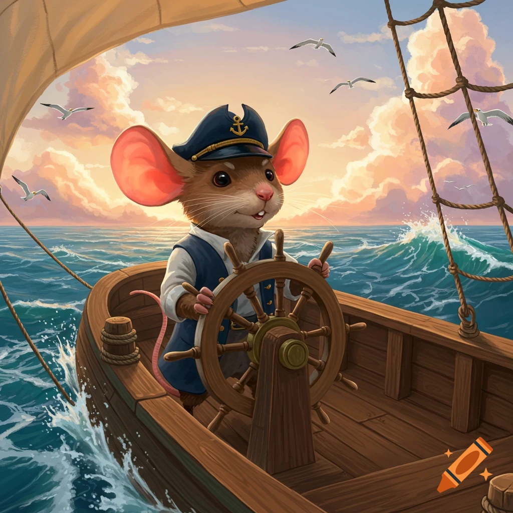 A cute mouse captain in uniform steers a sailboat on a wavy sea at sunset, with seagulls flying, in an illustrative style.