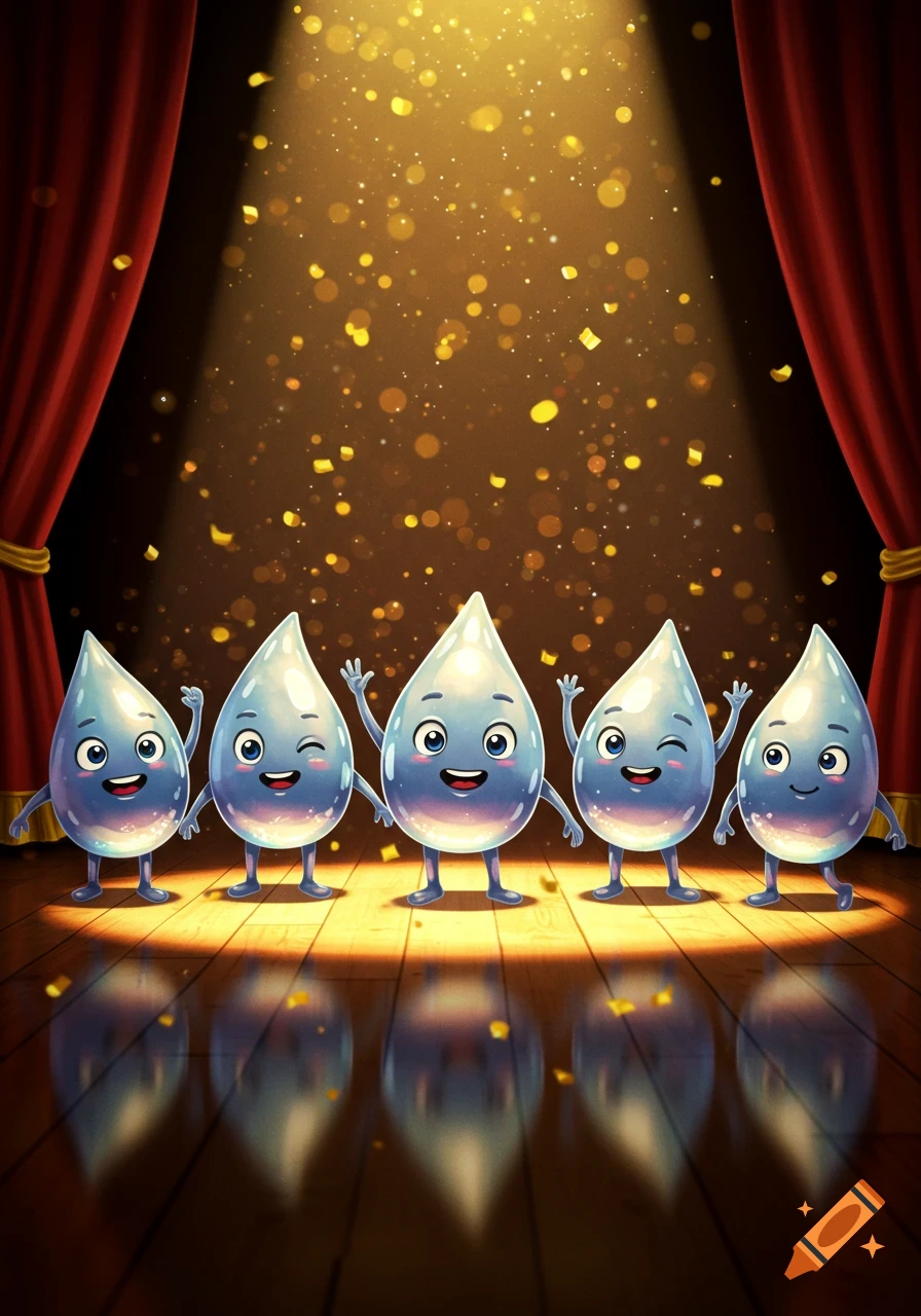 Five happy cartoon water droplets on a brightly lit wooden stage with red curtains and falling golden confetti.