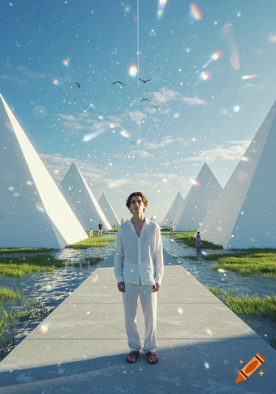 A young man in white linen stands on a futuristic path with white pyramids, sparkling water, grass, and birds in a surreal, cinematic style.