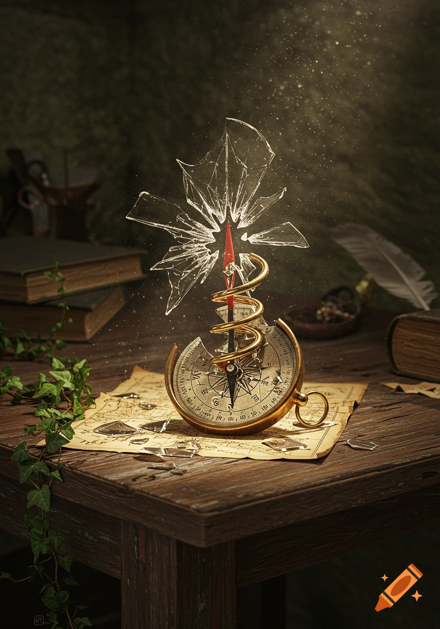 Broken brass compass with shattered glass and a red needle on a vintage map, with ivy on a wooden table, under dramatic light.