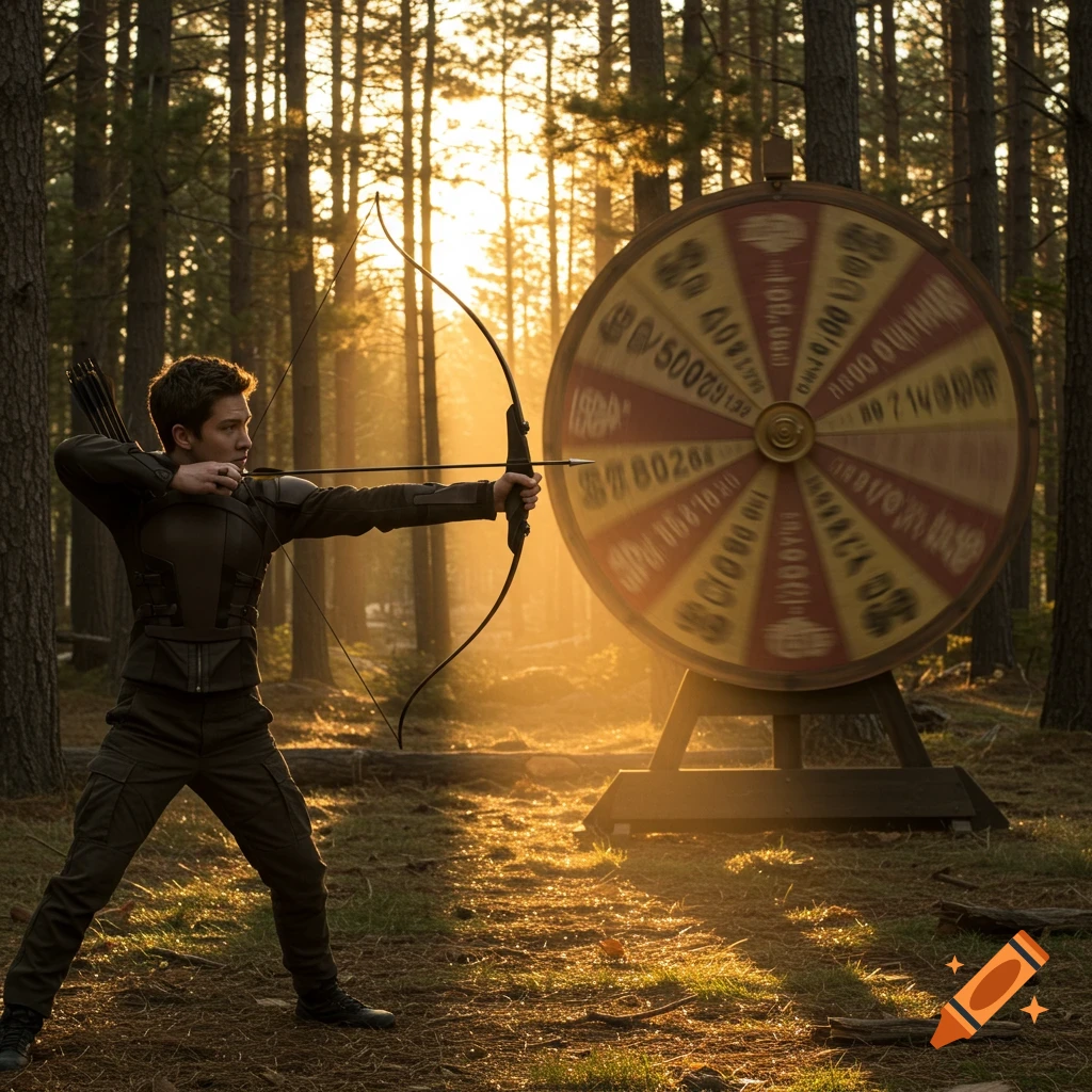 A young male archer in a forest at sunset, aiming a bow and arrow at a large spinning wheel of fortune.