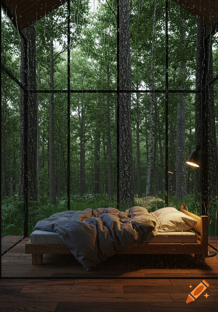 Forest Themed Bedroom With Large Windows and Soft Lighting created on  Craiyon, image size:896x1280