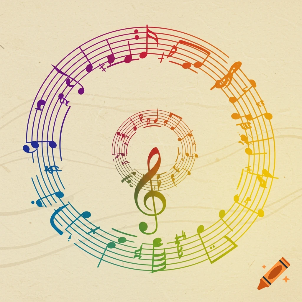 Colorful concentric musical staves and notes with a central treble clef on a textured beige background.